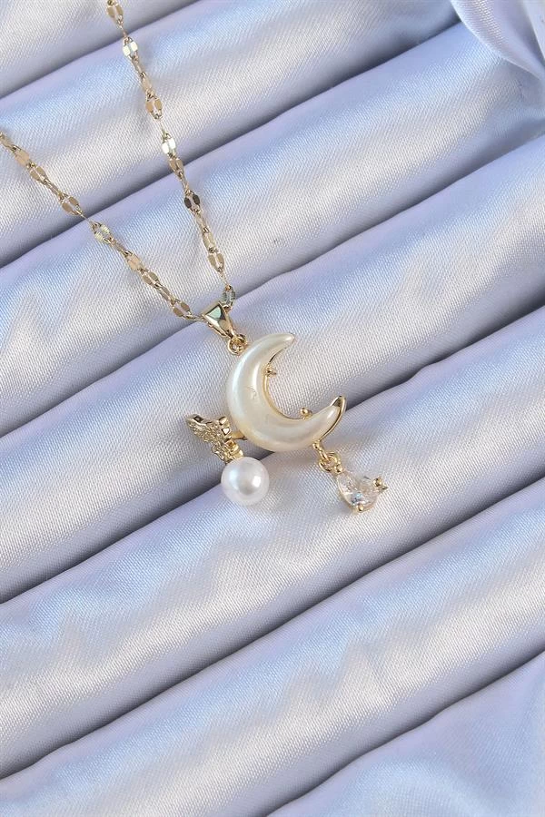 316l Çelik Zincir Altın Renk Zirkon Taşlı Kelebekli Mineli Ay Kolye