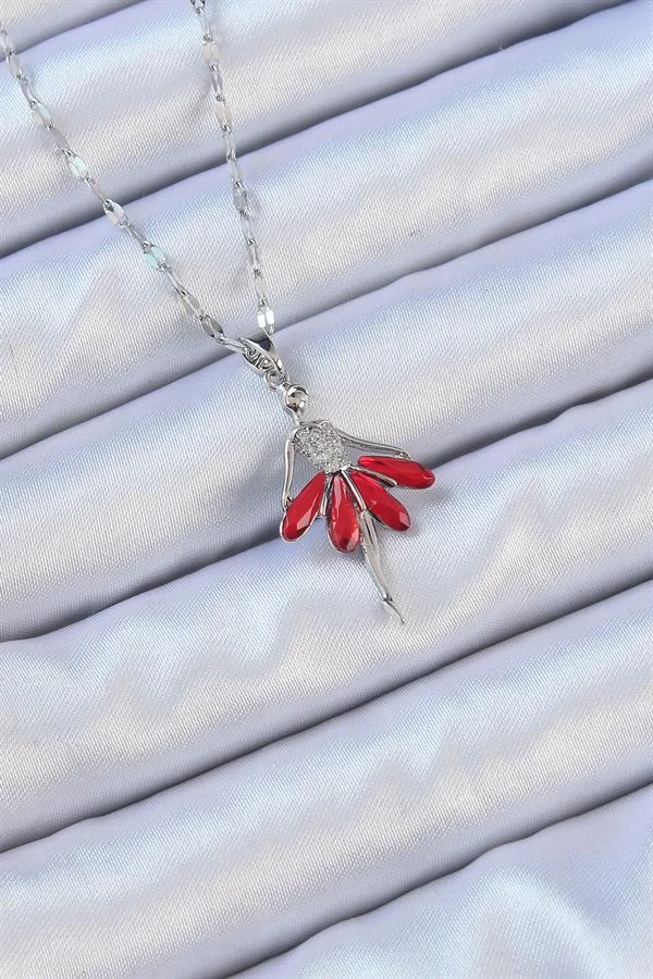 316l Çelik Zincir Gümüş Renk Kırmızı Etekli Zirkon Taşlı Balerin Kolye