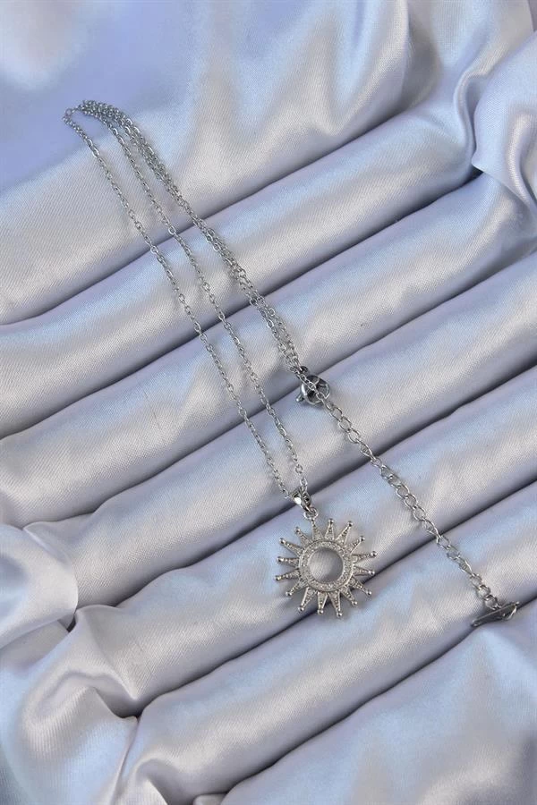 316l Çelik Zincir Gümüş Renk Zirkon Taşlı Parlayan Güneş Kolye