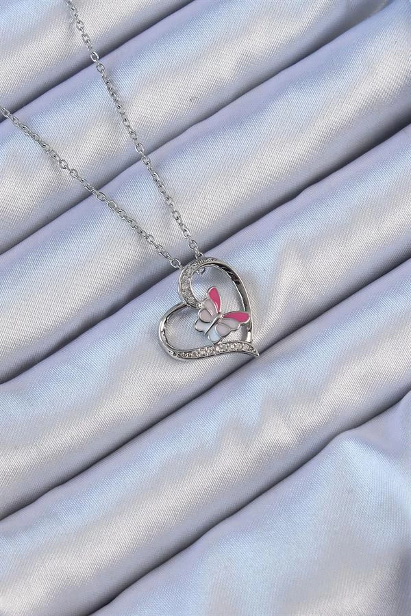 316l Çelik Zincir Gümüş Renk Mineli Kelebek Figür Zirkon Taşlı Kalp Kolye