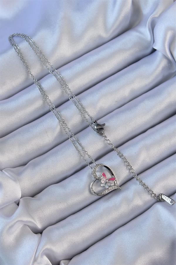 316l Çelik Zincir Gümüş Renk Mineli Kelebek Figür Zirkon Taşlı Kalp Kolye