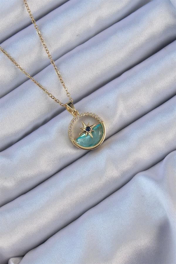 316l Çelik Zincir Altın Renk Zirkon Taşlı Deniz Görünüm Kutup Yıldızı Kolye