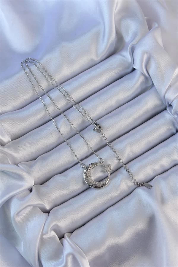 316l Çelik Zincir Gümüş Renk Zirkon Taşlı Motifli Ay Yıldız Kolye