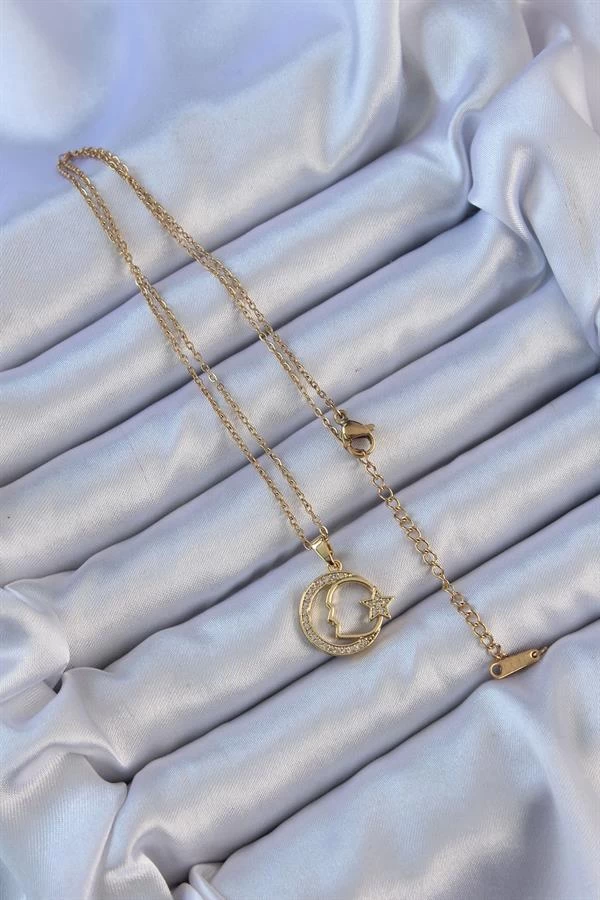 316l Çelik Zincir Altın Renk Zirkon Taşlı Ay Yıldız Simgeli Atatürk Kolye