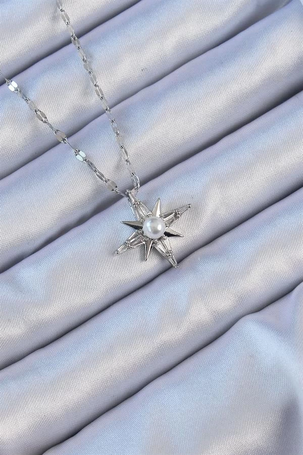 316l Çelik Zincir Gümüş Renk Baget Taşlı İnci Detay Kutup Yıldızı Kolye