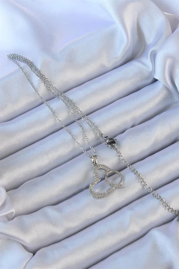 316l Çelik Zincir Gümüş Renk Zirkon Taşlı Yüzüklü Kalp Kolye