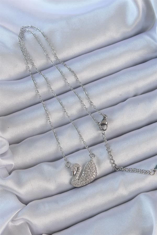 316l Çelik Zincir Gümüş Renk Zirkon Taşlı Kuğu Kolye