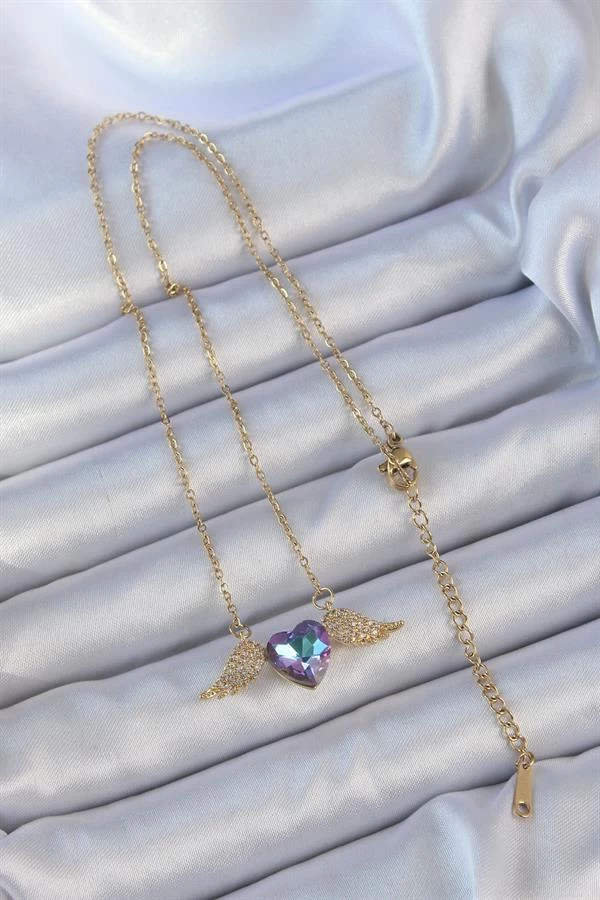 316l Çelik Zincir Altın Renk Mavi Mor Zirkon Taşlı Kanatlı Kalp Kolye