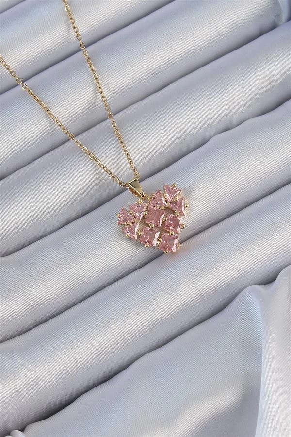 316l Çelik Zincir Altın Renk Pembe Parçalı Zirkon Taşlı Kalp Kolye