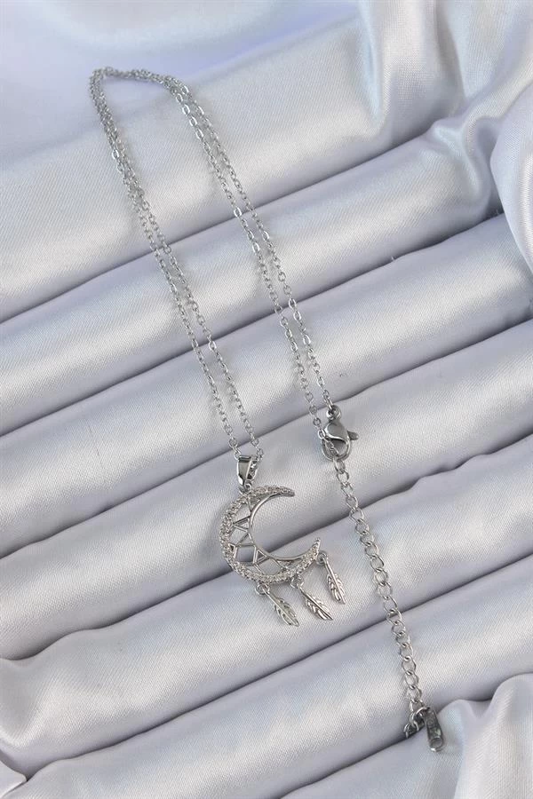 316l Çelik Zincir Gümüş Renk İşlemeli Zirkon Taşlı Ay Kolye