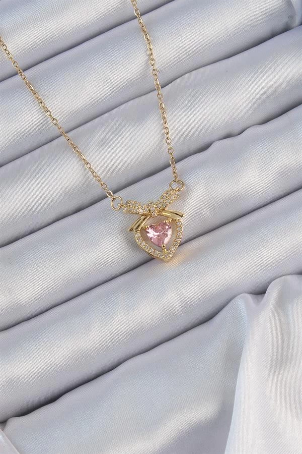 316l Çelik Zincir Altın Renk Pembe Zirkon Taşlı Fiyonklu Kalp Kolye