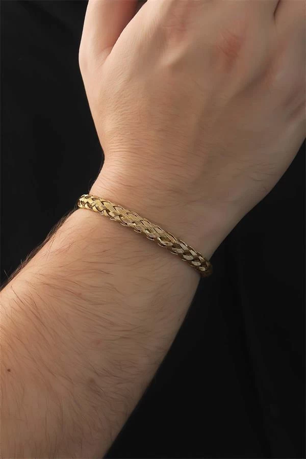 316l Çelik Altın Renk Kalın Yassı Örgü Model Erkek Bileklik