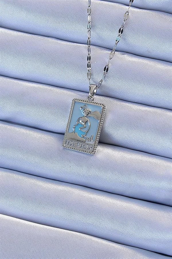 316l Çelik Zincir Gümüş Renk Mavi Mineli Tarot Kolye