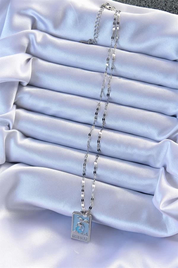 316l Çelik Zincir Gümüş Renk Mavi Mineli Tarot Kolye