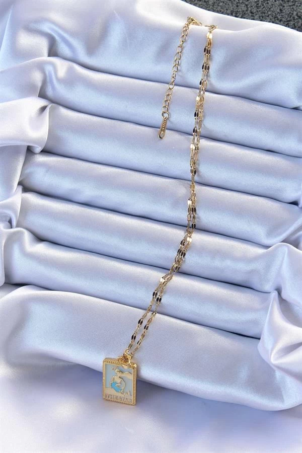 316l Çelik Zincir Altın Renk Mavi Mineli Tarot Kolye