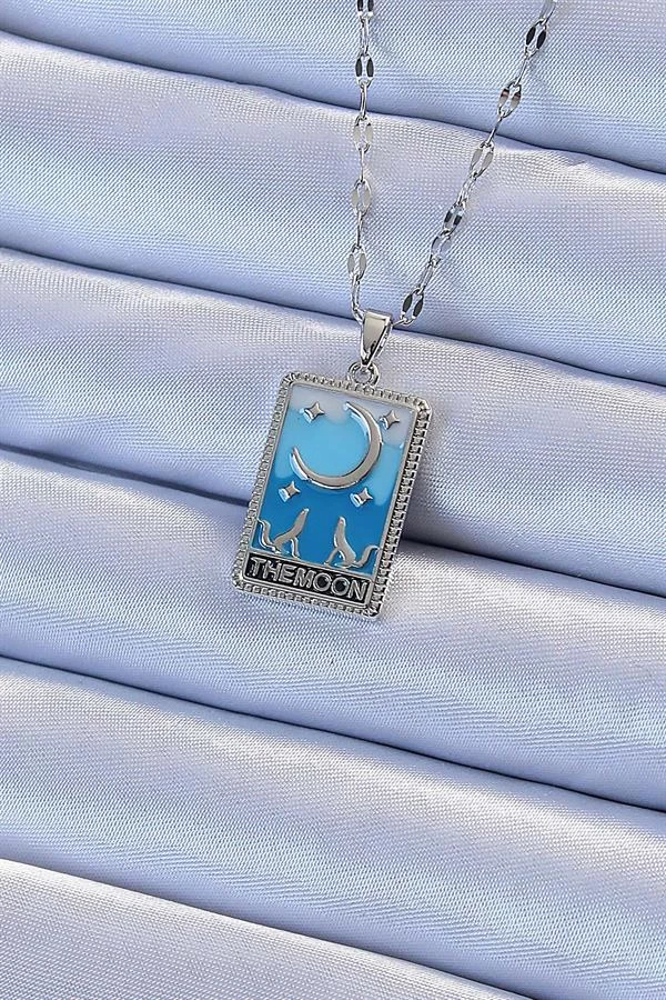 316l Çelik Zincir Gümüş Renk Mavi Mineli Ay Figür Tarot Kolye