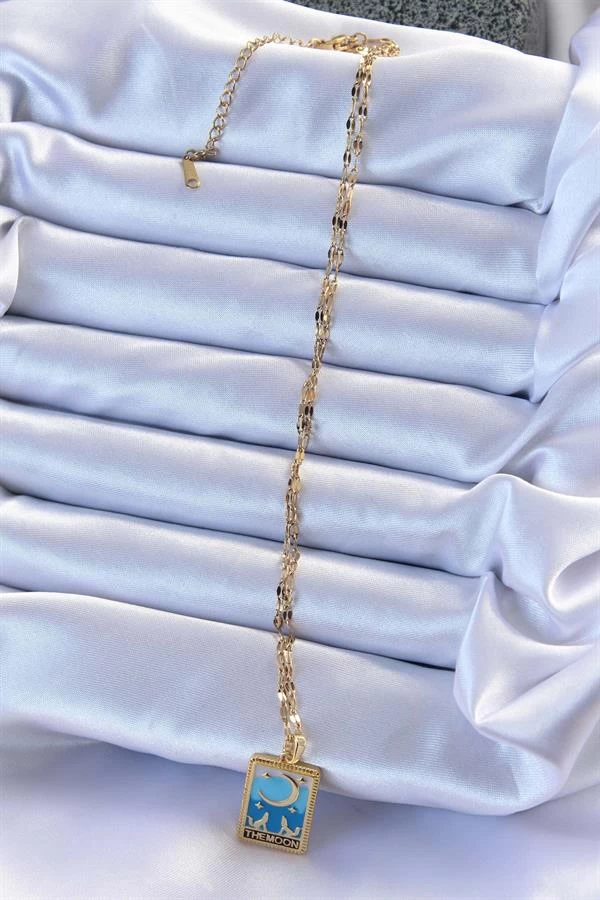 316l Çelik Zincir Altın Renk Mavi Mineli Ay Figür Tarot Kolye