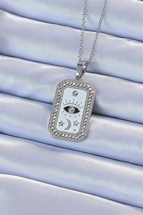 316l Çelik Zincir Gümüş Renk Mineli Zirkon Taşlı Göz Figür Tarot Kolye