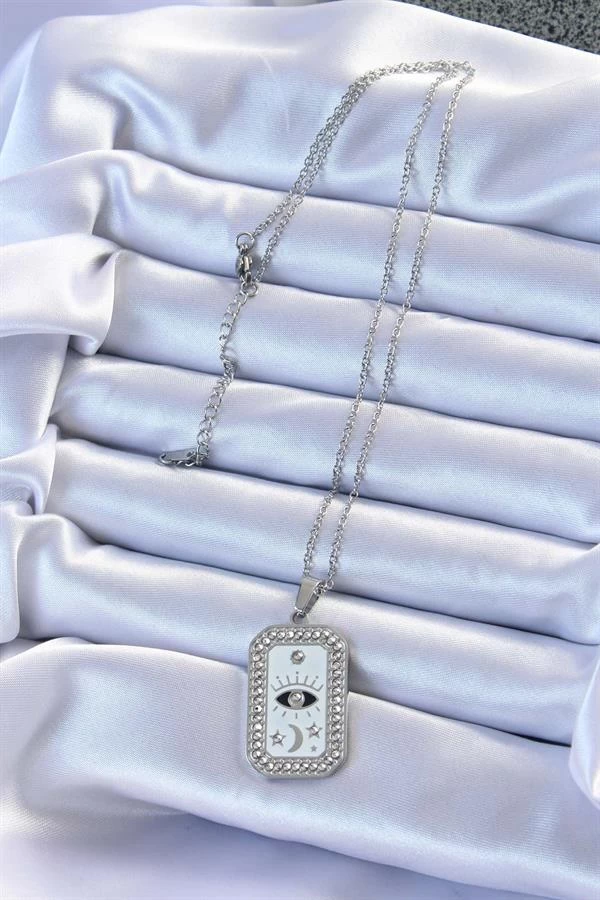 316l Çelik Zincir Gümüş Renk Mineli Zirkon Taşlı Göz Figür Tarot Kolye