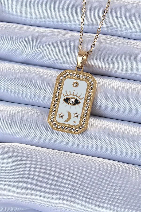 316l Çelik Zincir Altın Renk Mineli Zirkon Taşlı Göz Figür Tarot Kolye