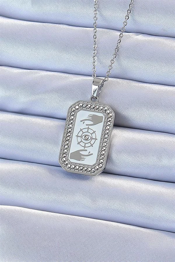 316l Çelik Zincir Gümüş Renk Mineli Zirkon Taşlı Göz Figür Tarot Kolye