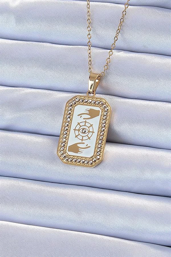316l Çelik Zincir Altın Renk Mineli Zirkon Taşlı Göz Figür Tarot Kolye