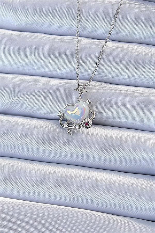 316l Çelik Zincir Gümüş Renk Zirkon Taşlı Gezegen Görünümlü Kalp Kolye