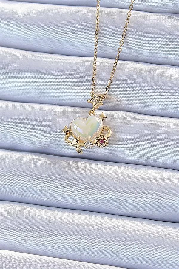 316l Çelik Zincir Altın Renk Zirkon Taşlı Gezegen Görünümlü Kalp Kolye