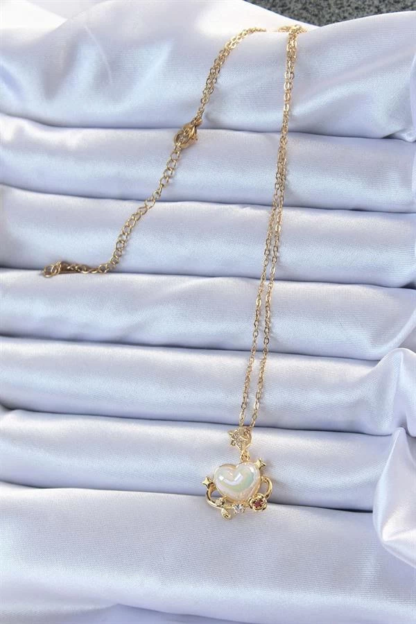 316l Çelik Zincir Altın Renk Zirkon Taşlı Gezegen Görünümlü Kalp Kolye