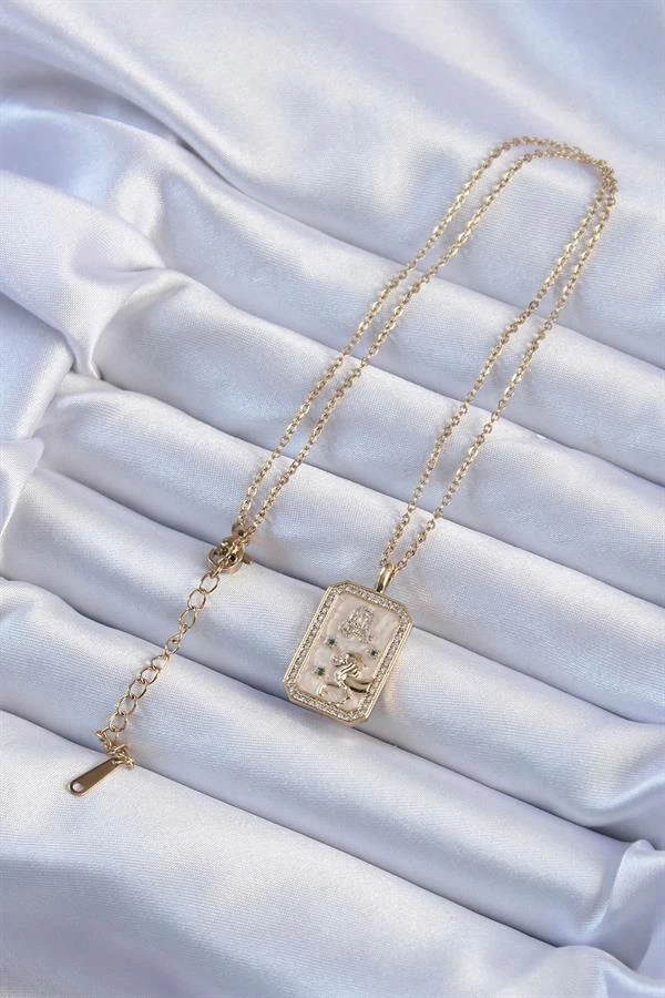 316l Çelik Zincir Altın Renk Zirkon Taşlı Aslan Figürlü Tarot Kolye