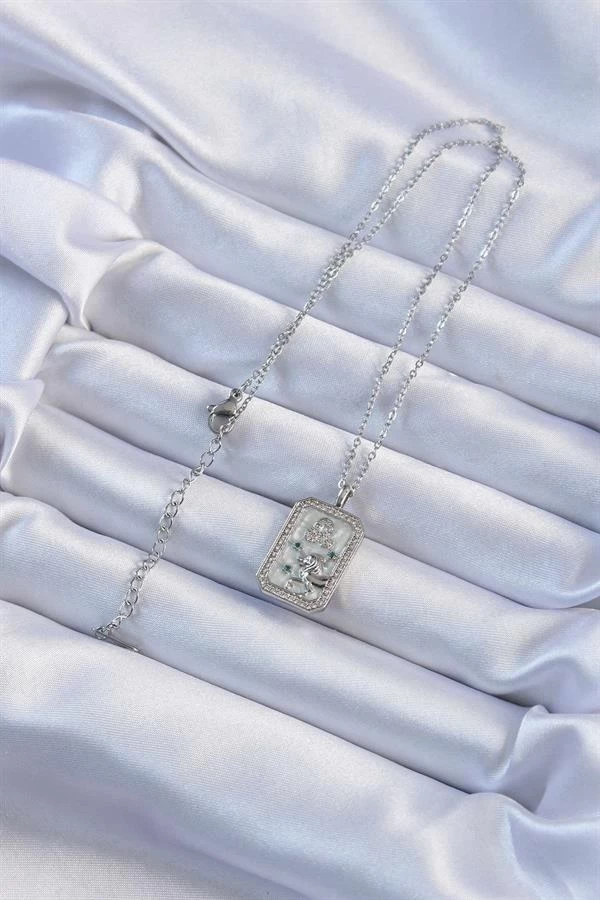 316l Çelik Zincir Gümüş Renk Zirkon Taşlı Aslan Figürlü Tarot Kolye