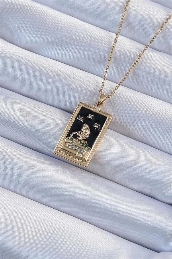 316l Çelik Zincir Altın Renk Zirkon Taşlı Siyah Mineli Kız Figürlü Tarot Kolye