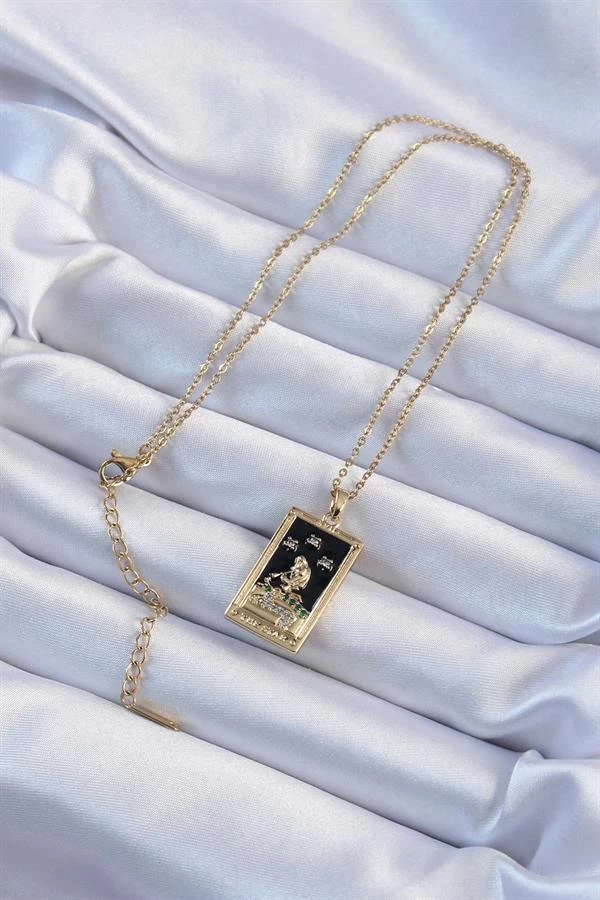 316l Çelik Zincir Altın Renk Zirkon Taşlı Siyah Mineli Kız Figürlü Tarot Kolye