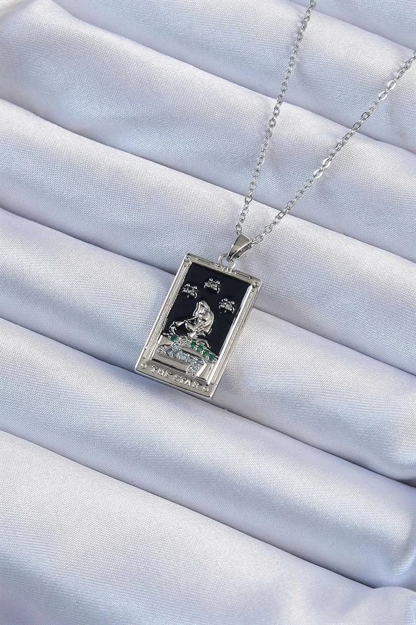 316l Çelik Zincir Gümüş Renk Zirkon Taşlı Siyah Mineli Kız Figürlü Tarot Kolye