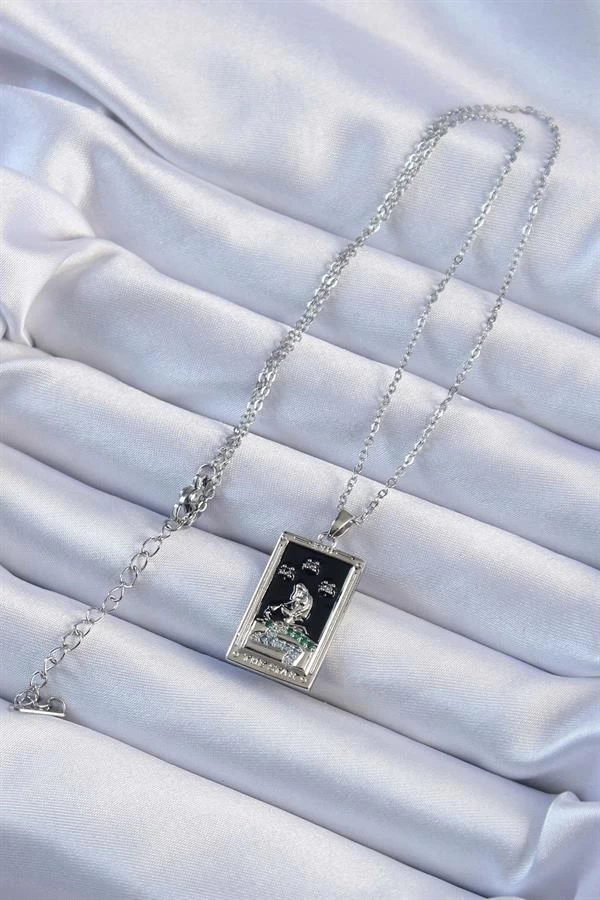 316l Çelik Zincir Gümüş Renk Zirkon Taşlı Siyah Mineli Kız Figürlü Tarot Kolye