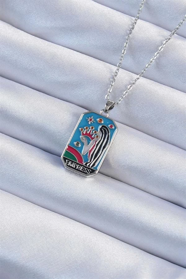316l Çelik Zincir Gümüş Renk Taç Ve Kız Figürlü Renkli Mineli Tarot Kolye