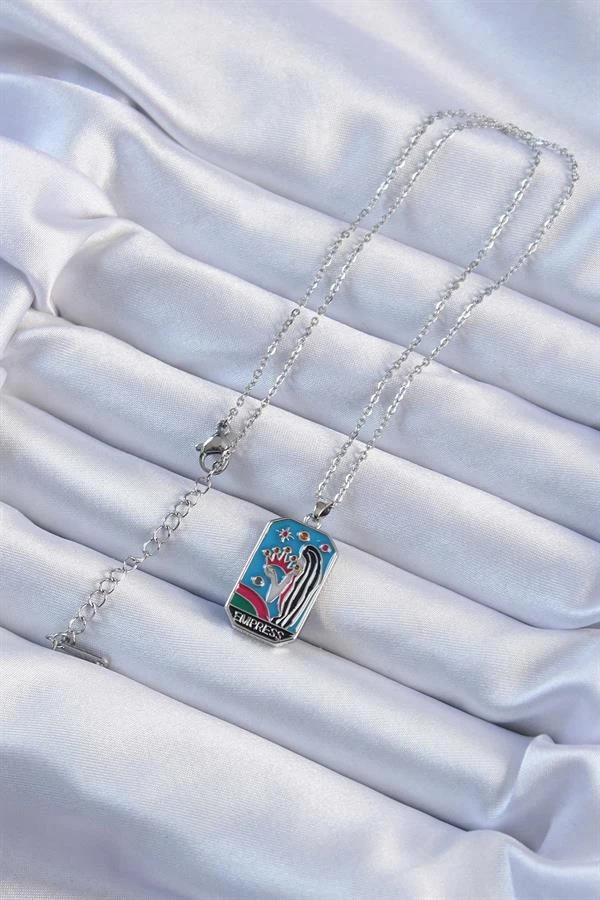 316l Çelik Zincir Gümüş Renk Taç Ve Kız Figürlü Renkli Mineli Tarot Kolye