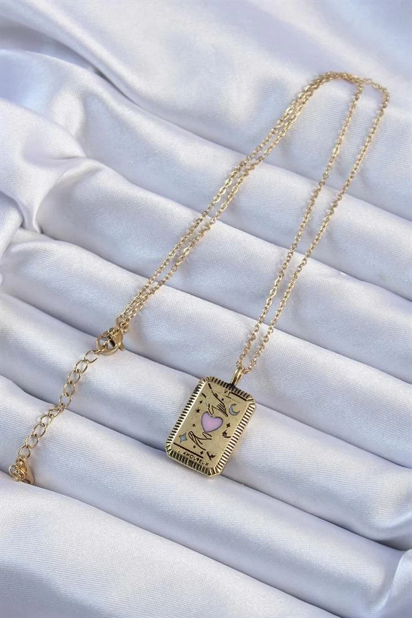 316l Çelik Zincir Eskitme Altın Renk Pembe Mineli Kalp Figürlü Tarot Kolye