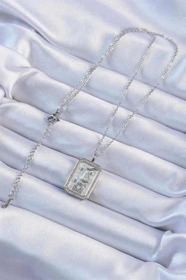 316l Çelik Zincir Gümüş Renk Zirkon Taşlı Çerçeveli Tarot Kolye