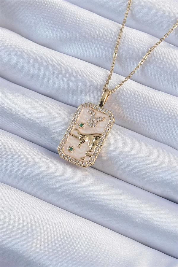 316l Çelik Zincir Altın Renk Zirkon Taşlı Boğa Figürlü Tarot Kolye