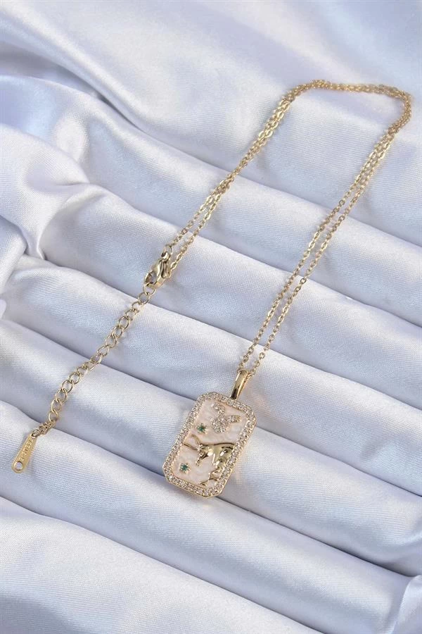 316l Çelik Zincir Altın Renk Zirkon Taşlı Boğa Figürlü Tarot Kolye
