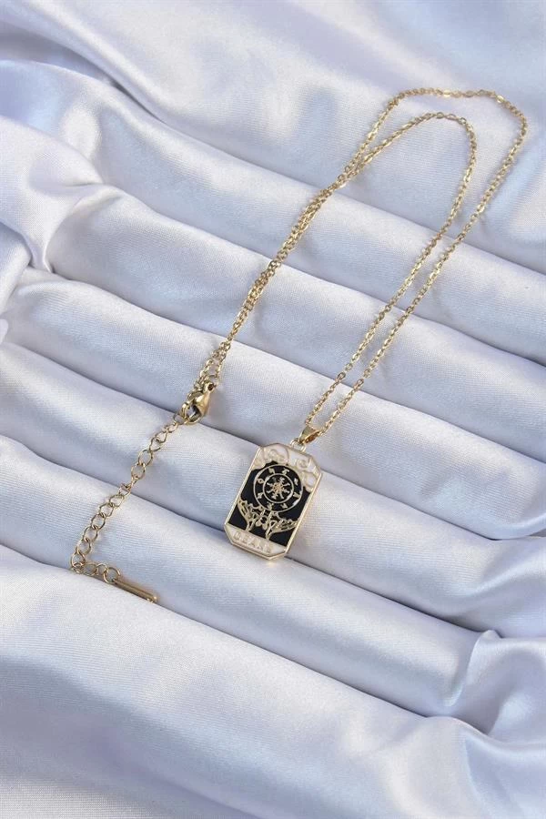 316l Çelik Zincir Altın Renk İşlemeli Siyah Mineli Tarot Kolye