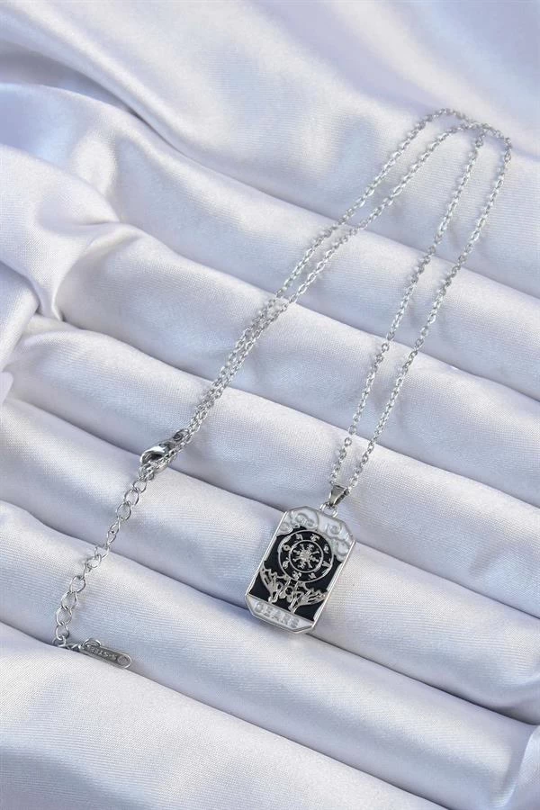 316l Çelik Zincir Gümüş Renk İşlemeli Siyah Mineli Tarot Kolye