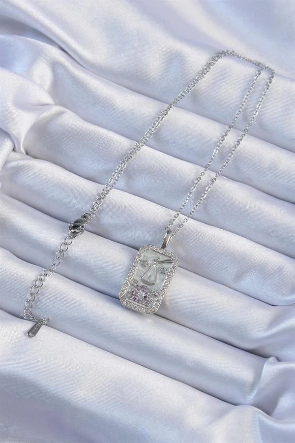 316l Çelik Zincir Gümüş Renk Lila Zirkon Taşlı Tarot Kolye