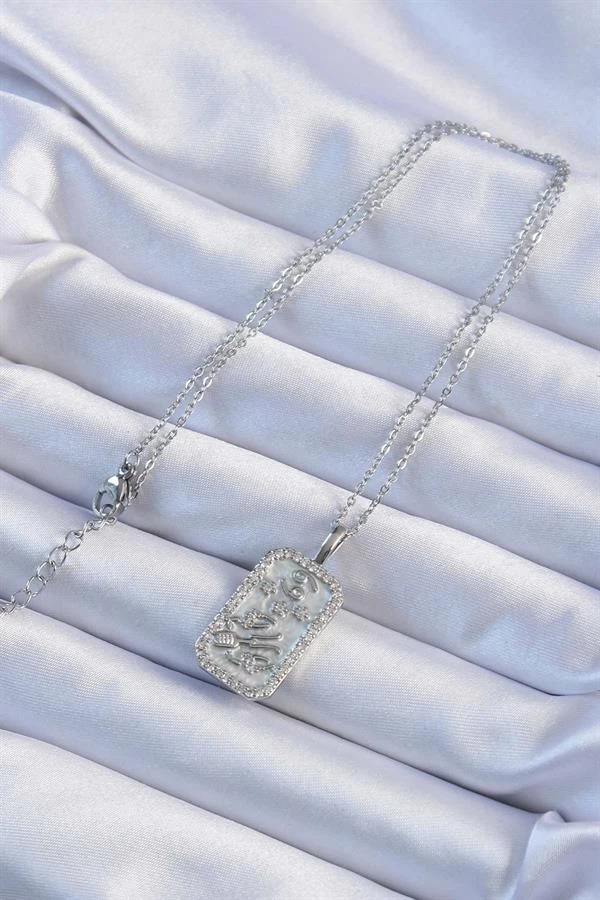 316l Çelik Zincir Gümüş Renk Zirkon Taşlı Çerçeveli Tarot Kolye