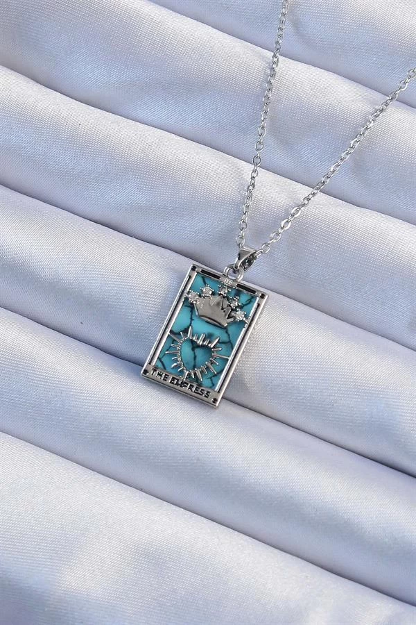 316l Çelik Zincir Gümüş Renk Zirkon Taşlı Mavi Mermer Desenli Taç Model Tarot Kolye