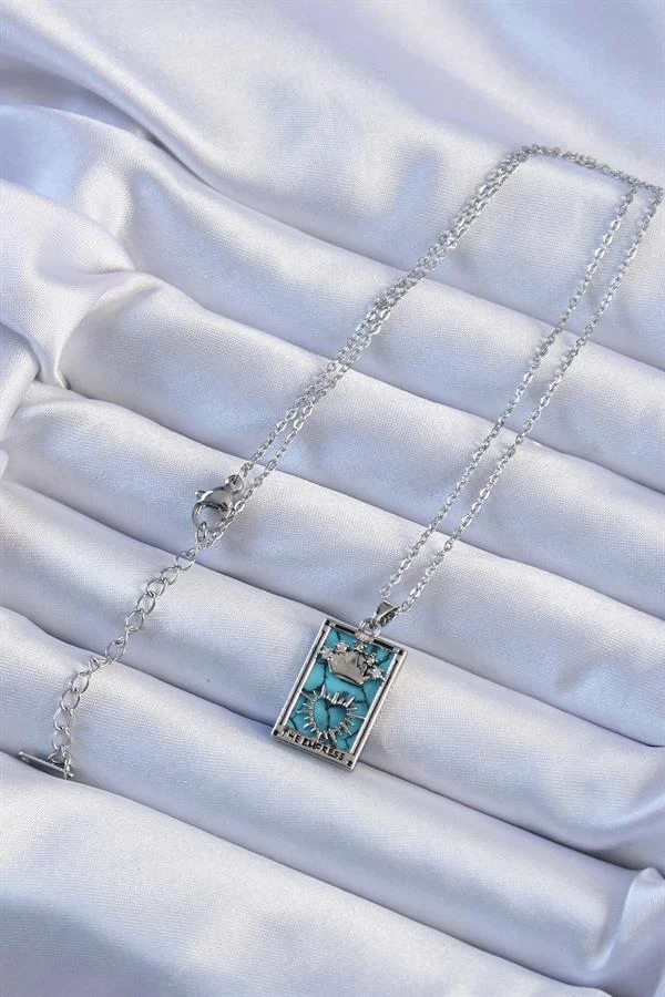 316l Çelik Zincir Gümüş Renk Zirkon Taşlı Mavi Mermer Desenli Taç Model Tarot Kolye