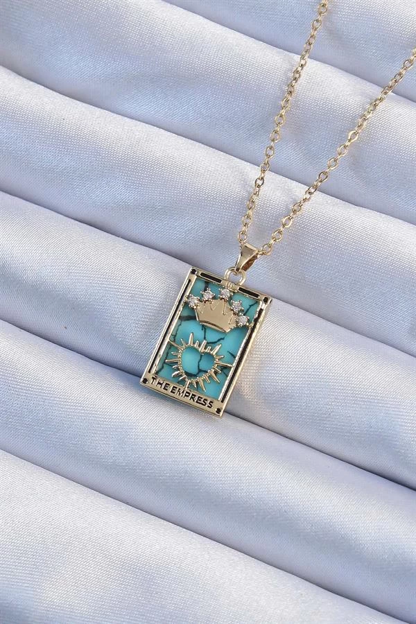 316l Çelik Zincir Altın Renk Zirkon Taşlı Mavi Mermer Desenli Taç Model Tarot Kolye