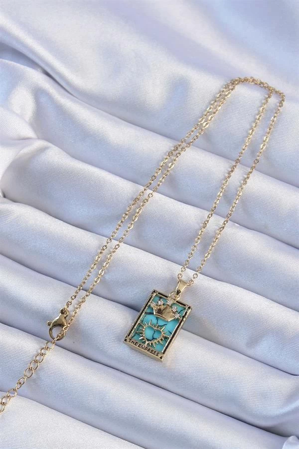 316l Çelik Zincir Altın Renk Zirkon Taşlı Mavi Mermer Desenli Taç Model Tarot Kolye