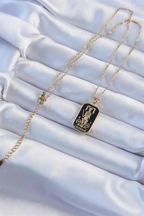 316l Çelik Zincir Altın Renk Siyah Mineli Tarot Kolye